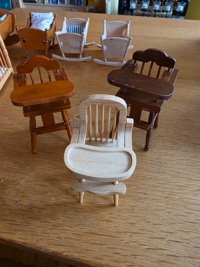Dolls house furniture for nursery, cradles, highchairs and more