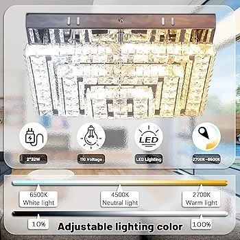 Ceiling Light Crystal Chandeliers Crystal LED Ceiling Light 11.8" Square Flush Mount Modern Chandelier Ceiling Lights Fixtures for Bedroom Dining Room Hallway Dimmable by Remote Control
