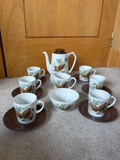 mid-century 15-piece Alfred Meakin coffee set in the "Fir Cone" (or "Hedgerow")