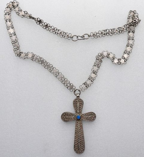 Vintage Turquoise  Large 4" Cross Pendant and unusual Chain length 34"