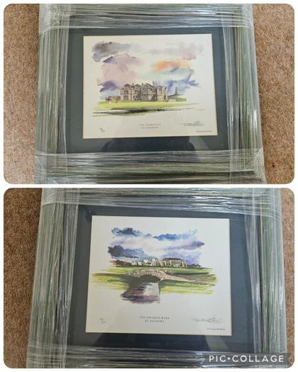 2 matching framed St Andrews 100th anniv golf prints. Printed on 100% linen board using lightfast inks