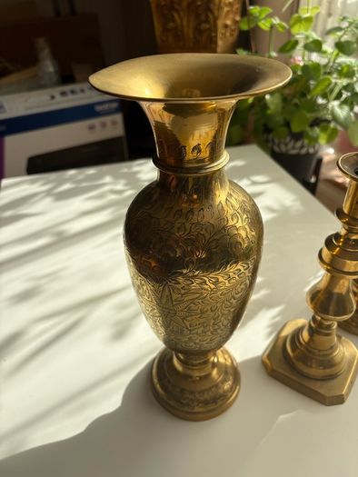 x2 Vintage Solid Brass Vases and candle holder