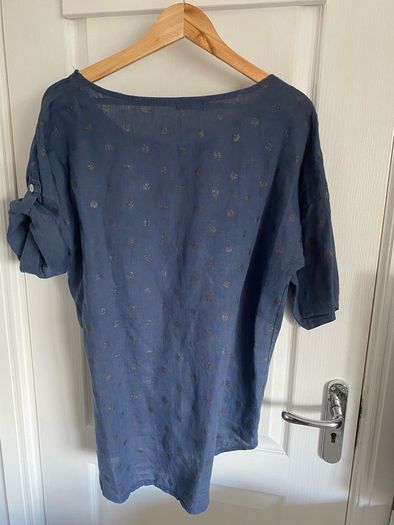 Blu Orchid ladies blue linen top with shimmering polka dots