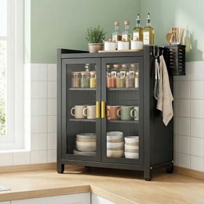 Three Tier Dustproof Dish Cabinet Carbon Steel Double Door Kitchen Storage
