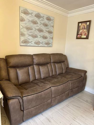 Luxury Tan & Grey Suede Recliner Sofa Set