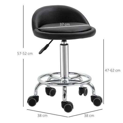 Set of 2 360 swivel rolling stools, seat adjustable 47-62H cm, chrome steel black synthetic upholstery