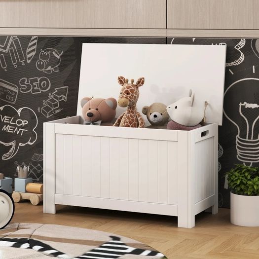 Storage Chest, Toy Storage Box Organizer with Safety Hinges, Lid and Side Handles, White