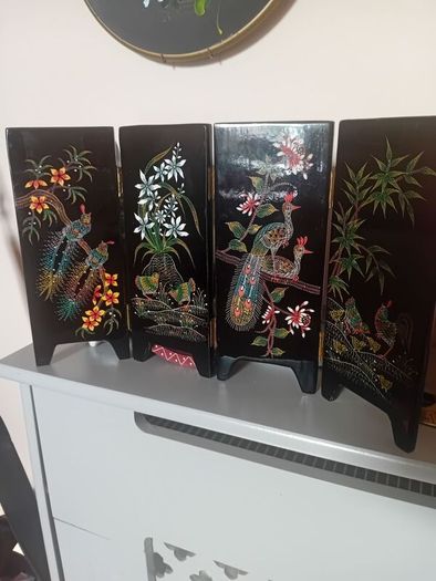 Vintage mid century minature lacquer chinoiserie folding screen