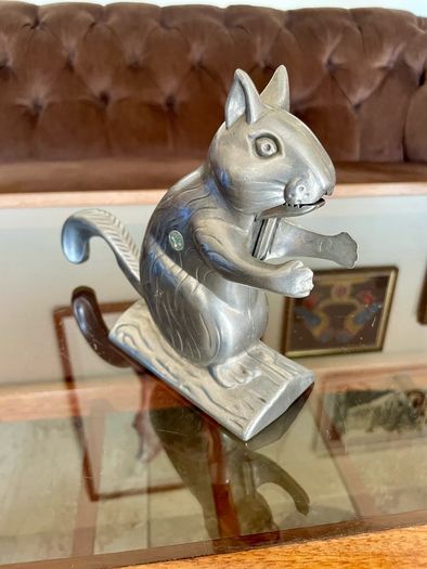 Vintage Aluminum Metal Squirrel on Log Nutcracker