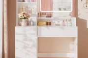 Dressing Table with LED Lighting, 3 Colours Adjustable Brightness, Dressing Table with Mirror, 2 Drawers, 4 Compartments &amp; Cupboard, for Bedroom, White