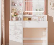 Dressing Table with LED Lighting, 3 Colours Adjustable Brightness, Dressing Table with Mirror, 2 Drawers, 4 Compartments & Cupboard, for Bedroom, White