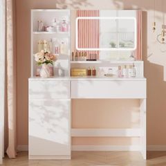 Dressing Table with LED Lighting, 3 Colours Adjustable Brightness, Dressing Table with Mirror, 2 Drawers, 4 Compartments & Cupboard, for Bedroom, White