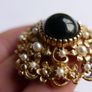 Vintage Victorian revival gold  layered domed brooch with black glass and faux pearls Image 9