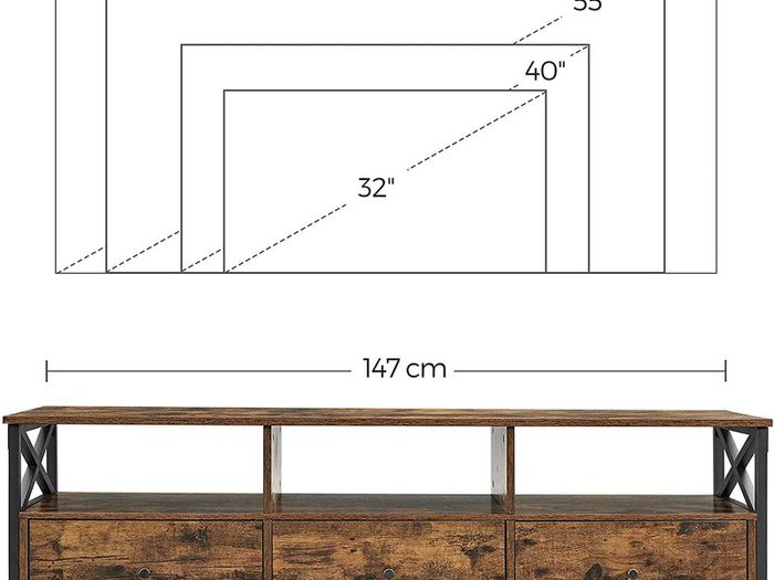 Lowboard TV Cabinet for TVs up to 65 Inches, 3 Drawers, 147 x 40 x 50 cm, Industrial Design, Steel Frame, Vintage Brown/Black
