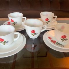 JAJ Pyrex Milk Glass June Rose Cups Saucers Side Plates an  FC Jug