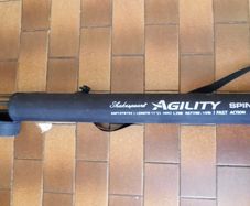 Shakespeare Agility Spin fishing rod. 11 feet (3.30 meters) in length. The item includes a black carrying tube with a strap for transport.
