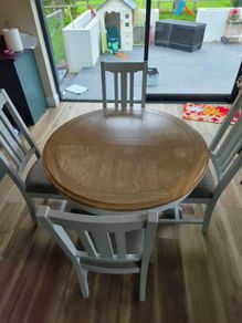 Camille Soft Grey Wooden Round Extending Dining Table, chairs and coffee table