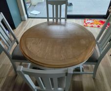 Camille Soft Grey Wooden Round Extending Dining Table, chairs and coffee table