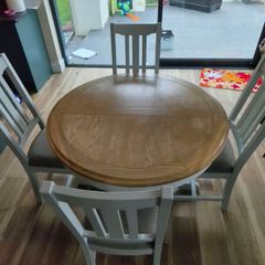 Camille Soft Grey Wooden Round Extending Dining Table, chairs and coffee table