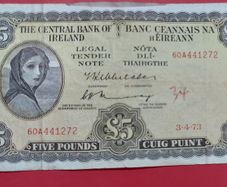 Irish 1973 Lavery Five pound banknote in Fine condition