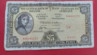 Irish 1973 Lavery Five pound banknote in Fine condition