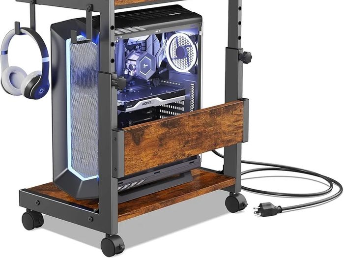 Height Adjustable Computer Tower Stand with 2-Tier ATX-Case Cart, Floor Standing Computer stand, With Storage Space, locking casters, fits most computers (Dark Brown, W44 x D30 x H44-59.5cm)