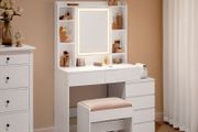 Dressing table with LED lighting and Padded stool  modern with drawers  cloud-white and stool