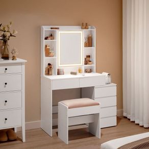 Dressing table with LED lighting and Padded stool  modern with drawers  cloud-white and stool