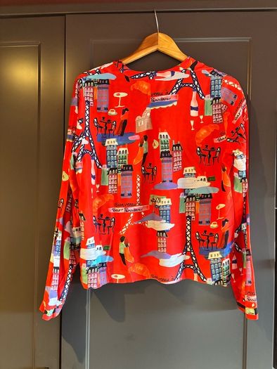 Eterna Red Parisian Print Viscose Blouse Shirt UK 10  Oversized Loose Fit Novelty France Scene