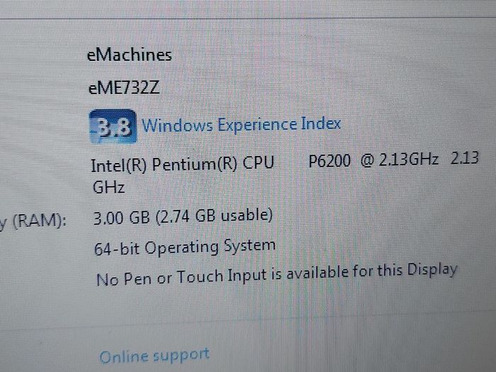 emachines E732 Series 15. inch Laptop, Model ZRDB, Intel Pentium CPU P6200, 2.13GHz, 3GB Ram, 218GB SSD, Windows 7, 64bit, Firefox, Opera, Chrome and VLC