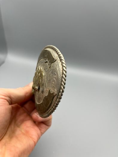 Vintage Alpaca Mexico Western Belt Buckle - Three Horse Heads, Floral Engravings