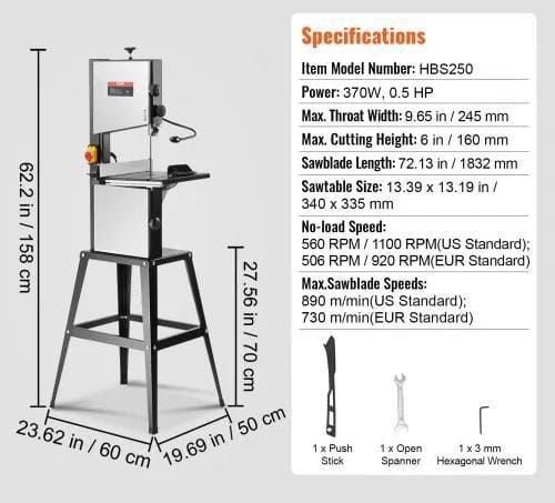 Band Saw with Stand Benchtop Bandsaw 24.5 cm 370W Two-Speed Adjustable