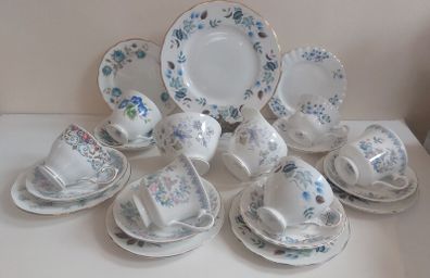 Beautiful Vintage Mix and Match Bone China 21 Piece Teaset in Shades of Pale Blue Florals