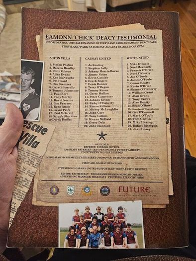 Eamonn 'chick' Deacy Testimonial.  1912 Aston Villa Legends  Vs Galway United X1/ West United X1. Incorporating official renaming of Terryland Park as Eamonn Deacy Park. First Edition Large Magazine In Good Condition.  See Photos For Same.