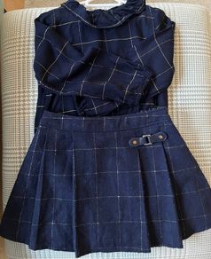 Tesco F+F girls navy & gold metallic check kilt & matching top Age 3-4 EUC