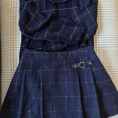 Tesco F+F girls navy & gold metallic check kilt & matching top Age 3-4 EUC