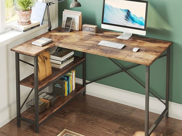 L Shaped Desk Small Corner Desk with Shelves 120CM Reversible Computer Desk Writing Table with Bookshelf for Home Office Small Space (FREE POSTAGE)
