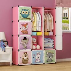 Cartoon Clothes Closet Wardrobe DIY Modular Storage Organizer, Sturdy and Safe for Children, 8 Cubes & 2 Hanging Sections, Pink, 110 x 47 x 147 cm