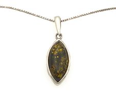 Vintage 925 Sterling Silver & Natural Dark Green Amber Necklace