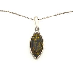 Vintage 925 Sterling Silver & Natural Dark Green Amber Necklace