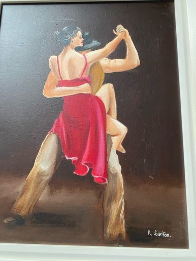 A dramatic figurative painting of two tango dancers