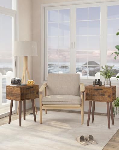 Fluted Nightstand Set of 2, Small End Table, Modern Coffee Table with Drawer, Solid Wood Legs, Retaining Chain, 35x27x53cm, for Bedroom and Small Spaces, Rustic Brown
