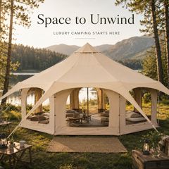 5m Canvas Bell Tent Luxury Glamping Tent with Stove Jack, 8 Mesh Windows & Year-Round Camping Shelter