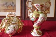 Vintage Italian Luxury Centerpiece Art Deco Lavishly Decorated Two Handled And Footed Vase And Bowl With Lid Made In Italy
