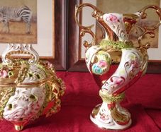 Vintage Italian Luxury Centerpiece Art Deco Lavishly Decorated Two Handled And Footed Vase And Bowl With Lid Made In Italy