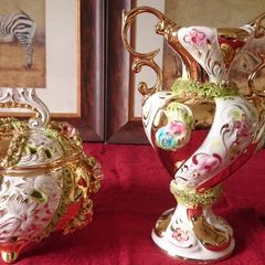 Vintage Italian Luxury Centerpiece Art Deco Lavishly Decorated Two Handled And Footed Vase And Bowl With Lid Made In Italy