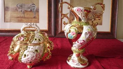 Vintage Italian Luxury Centerpiece Art Deco Lavishly Decorated Two Handled And Footed Vase And Bowl With Lid Made In Italy
