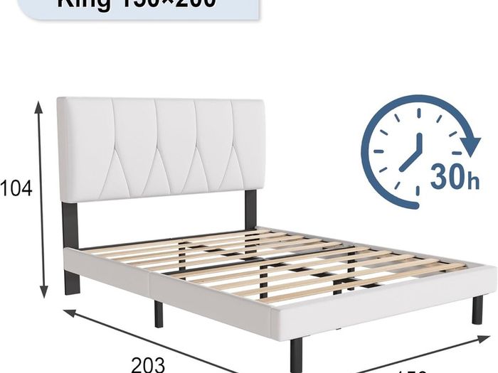 King Bed Frame, White, Upholstered Wooden Slat Bed Frame with Headboard, Easy Assembly, Underbed Storage, No Box Spring Needed 150x200