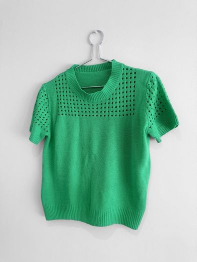 Pre Owned Bright Green Pointelle Short Sleeve Fine Knit Top