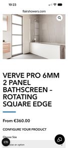 New unused Verve 6mm 2 panel rotating square edge Bathscreen